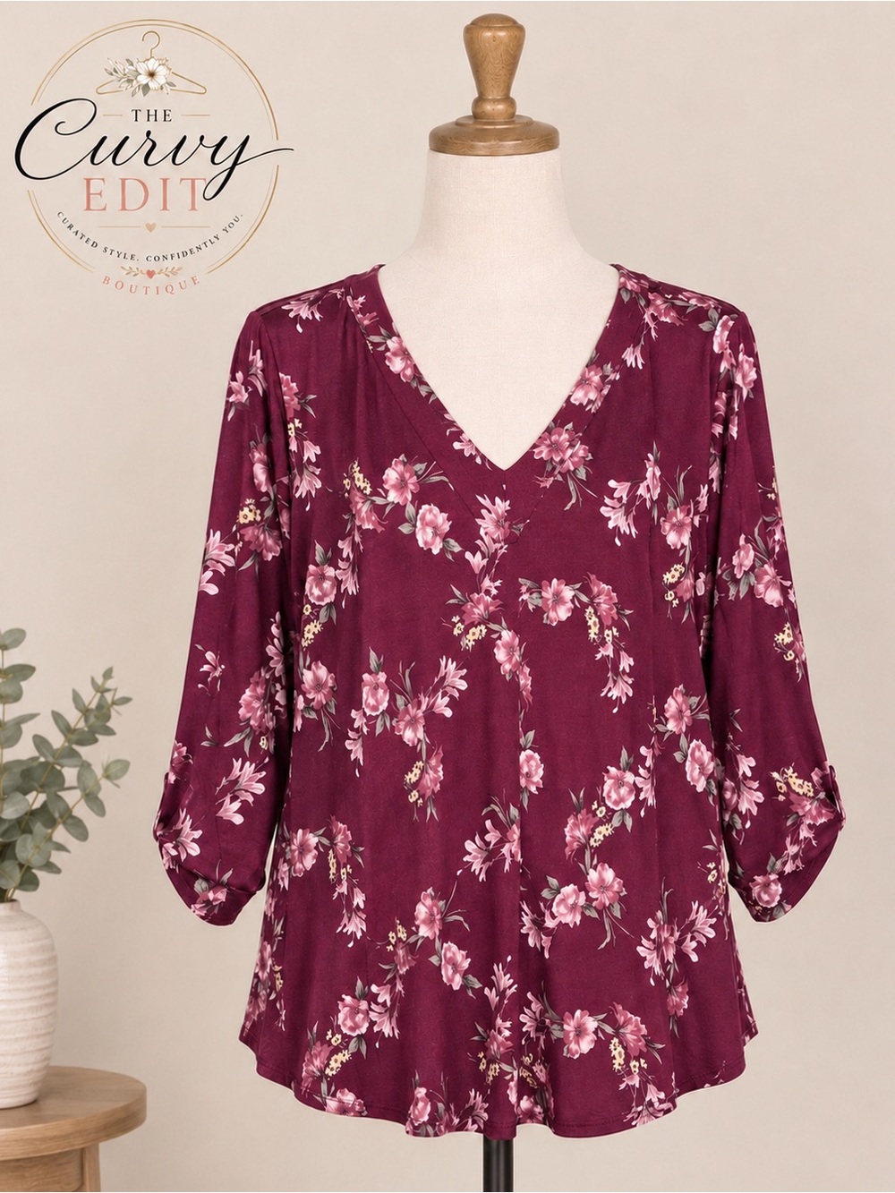 Beacon 2X Burgundy Floral V-Neck Tunic Top 3/4 Sleeve Boho Fall Blouse Chic